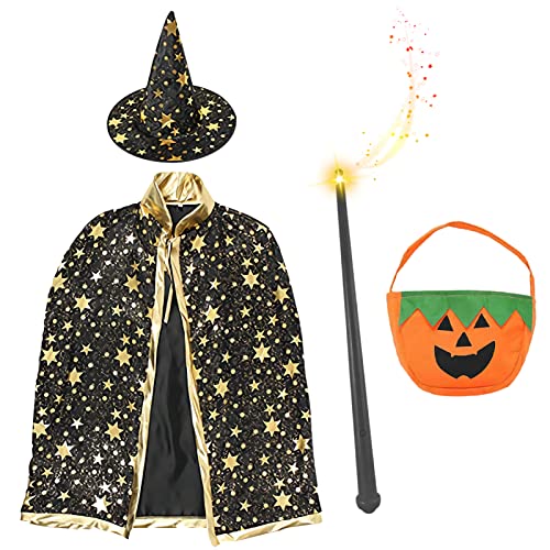 Shinybox Kinder Halloween Kostüm, Hexe Zauberer Umhang mit Hut, Kürbis Candy Bag, Zauberstab, Hexen Mantel Stern Cape Zauberhut, Kinder Hexe Kostüm, Zauberer Umhang Kinder für Kinder Halloween Cosplay von Shinybox