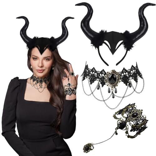 Shinybox Königin Hörner Kopfschmuck, 3 Pcs Horn Kopfbedeckung mit Spitze Halskette und Armbänder, Teufelhörner Haareifen Damen, Halloween Kopfschmuck für Halloween Karneval Fasching Maskerade(Schwarz) von Shinybox