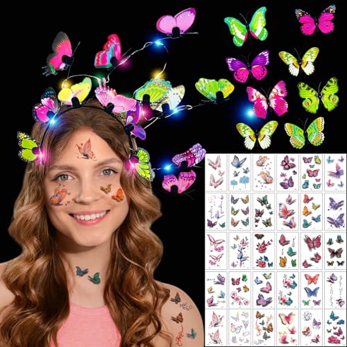 Shinybox Leuchtende Schmetterling Fascinator mit 8 Stücke Schmetterling Haarklammer und 30 Stücke Schmetterling Tattoo Aufkleber, Schmetterling Stirnband für Mädchen Party Karneval Cosplay(Mehrfarbig) von Shinybox