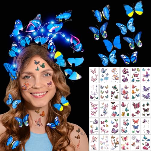 Shinybox Leuchtender Schmetterlings Haarreif mit 8 Schmetterling Haarklammer und 30 Schmetterling Tattoo Aufkleber für Kinderpartys, Kostüme, Bühnenauftritte, Halloween, Cosplay(Blau) von Shinybox