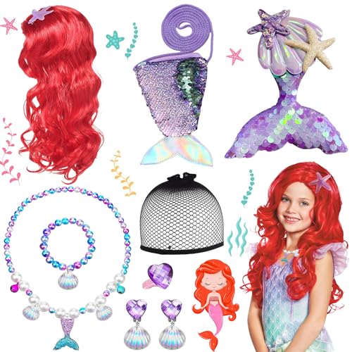 Shinybox Meerjungfrau Kostüm Mädchen, 8 Stück Meerjungfrau Perücke mit Armband, Halskette, Paar Ohrringe, Ring, Haarspange, Meerjungfrauentasche, Mermaid Accessoire Mädchen für Karneval Halloween von Shinybox