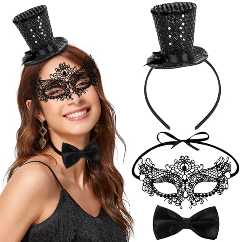 Shinybox Mini Top Hut Haarreif Set, 3 Stücke Hut Haarreif mit Schwarz Fliege und Spitze Maske, Schwarz Zylinder Hut Haarreif, Kostüm Party Hut für Karneval, Abschlussball, Helloween von Shinybox