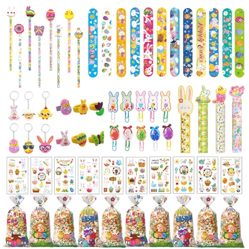 Shinybox Ostern Mitgebsel Kinder, 89 Stück Ostern Party Mitgebsel Gastgeschenke Kinder, Schnapparmbänder Tattoos, Bleistift, Cellophantüten, Partytütenfüller, Geschenke für Kinder Ostern Party Favors von Shinybox