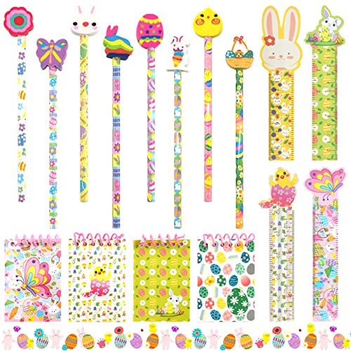 Shinybox Schule HB Stifte Set, 8 Stück Ostern Bleistifte+8 Stück Radiergummis Ostern+4 Kinderlineal+4 Haftnotizen, Bleistifte Kinder Stifte Ostern, Ostern Bleistifte für Kinder Party Gastgeschenk von Shinybox