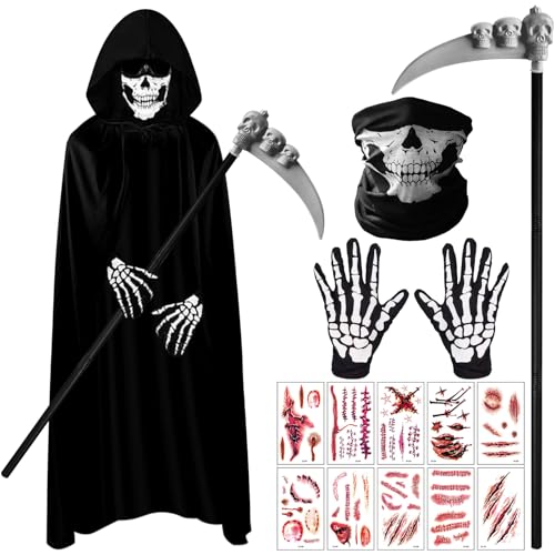 Shinybox Sensenmann Kostüm, Halloween Kostüm Set mit Schädelmaske, Sense, Handschuhe und Aufkleber, Sensenmann Halloween Kostüm Gruselige Halloween Kostüme für Halloween Dekoration, Cosplay, Karneval von Shinybox