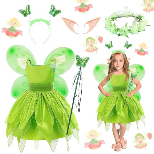 Shinybox Tinkerbell Kostüm Kinder Mädchen, 6 Stück Tinkerbell Kostüm Grüne mit Feenflügel Zauberstab Stirnband Feenohren Blumenreife, Ankleiden Feenkostüm für Karneval Halloween Cosplay(100) von Shinybox