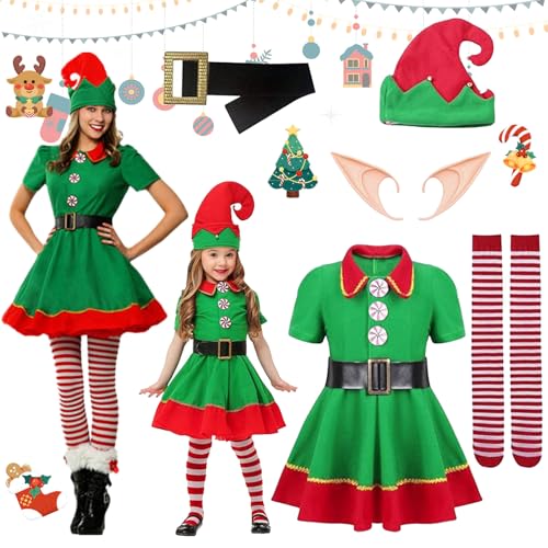 Shinybox Weihnachtself Kostüm Set, 5 Stück Weihnachtselfen Kostüm Kinder mit Kleid, Hüte, Socken, Gürtel, Elfenohren, Kostüm Elfe Kinder Karneval und Cosplay Geschenke für Halloween-Kostüme(130) von Shinybox