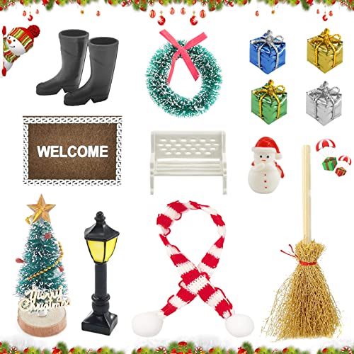 Shinybox Wichteltür Zubehör Set, 14 Stück Miniatur Wichtel Set mit Gartenbank, Schneemänner, Straße Licht, Stiefel, Teppich, Weihnachtsbaum, Besen, Weihnachtskranz, Geschenkbox, Weihnachten Deko von Shinybox