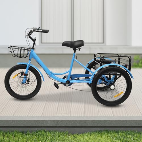 20 Zoll Dreirad 7 Gang Dreirad für Erwachsene verstellbares Senioren 3-Rad Fahrrad Tricycle Bicycle mit Korb Aufblasvorrichtung Autoschloss für Einkaufen Radfahren Ausflüge Sport (Blau) von Shiyinge