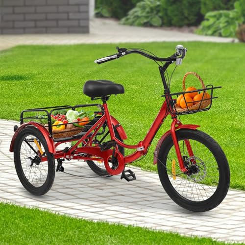 20 Zoll Dreirad 7 Gang Dreirad für Erwachsene verstellbares Senioren 3-Rad Fahrrad Tricycle Bicycle mit Korb Aufblasvorrichtung Autoschloss für Einkaufen Radfahren Ausflüge Sport (Rot) von Shiyinge