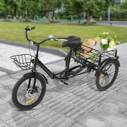 20 Zoll Dreirad 7 Gang Dreirad für Erwachsene verstellbares Senioren 3-Rad Fahrrad Tricycle Bicycle mit Korb Aufblasvorrichtung Autoschloss für Einkaufen Radfahren Ausflüge Sport (Schwarz) von Shiyinge