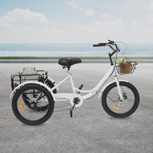 20 Zoll Dreirad 7 Gang Dreirad für Erwachsene verstellbares Senioren 3-Rad Fahrrad Tricycle Bicycle mit Korb Aufblasvorrichtung Autoschloss für Einkaufen Radfahren Ausflüge Sport (Weiß) von Shiyinge