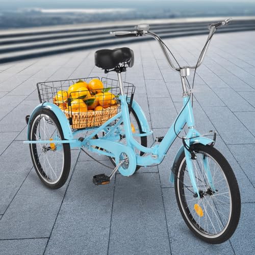 20 Zoll Dreirad Faltbar 1-Gang FüR Erwachsene 3-RäDer Fahrrad Tricycle Bicycle for Adults 3-Wheel Bicycletricycle Trike Dreirad-Fahrrad Verstellbarer Klappfahrrad mit Einkaufen Korb (Blau) von Shiyinge