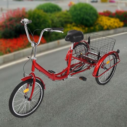 20 Zoll Dreirad Faltbar 1-Gang FüR Erwachsene 3-RäDer Fahrrad Tricycle Bicycle for Adults 3-Wheel Bicycletricycle Trike Dreirad-Fahrrad Verstellbarer Klappfahrrad mit Einkaufen Korb (Rot) von Shiyinge