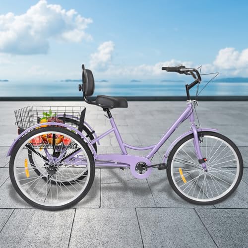 24 Zoll Dreirad 7 Gang Dreirad für Erwachsene verstellbares Senioren 3-Rad Fahrrad Tricycle Bicycle mit Korb Aufblasvorrichtung Autoschloss für Einkaufen Radfahren Ausflüge Sport (Lila) von Shiyinge