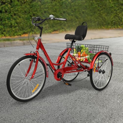 24 Zoll Dreirad 7 Gang Dreirad für Erwachsene verstellbares Senioren 3-Rad Fahrrad Tricycle Bicycle mit Korb Aufblasvorrichtung Autoschloss für Einkaufen Radfahren Ausflüge Sport (Rot) von Shiyinge