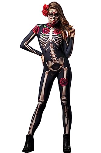 Shmily Girl Skeleton Costume Women Men Halloween Costumes Cosplay Jumpsuit Bodysuit（Rot，S von Shmily Girl