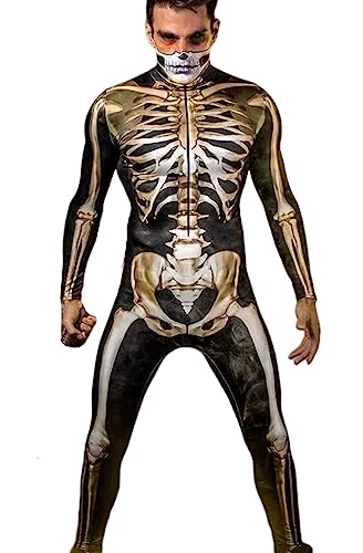 Shmily Girl Skeleton Costume Women Men Halloween Costumes Cosplay Jumpsuit Bodysuit（Schwarz Gold，L von Shmily Girl