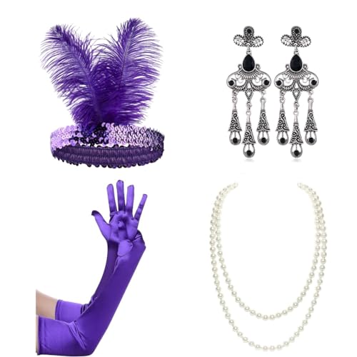 1 Set 1920er Jahre Frauen Haarreifen mit Ohrringen & Perlenkette & Handschuhen Halloween Cosplay Prom Party Supplies für Damen von Shntig