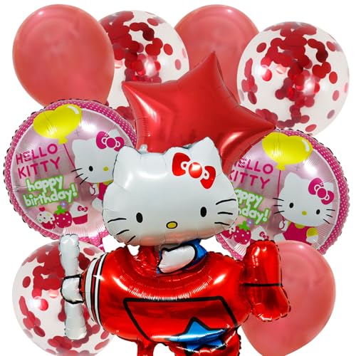 Hello Kitt Katzen Folienballon Set, Rote Konfetti Luftballons, Cartoon Tier Luftballons Geburtstag, Partyzubehör für Babyparty, Ballons Rot Mädchengeburtstag, Geburtstagsdeko,Luftballons Bunt Deko(10) von ShrewdYuya