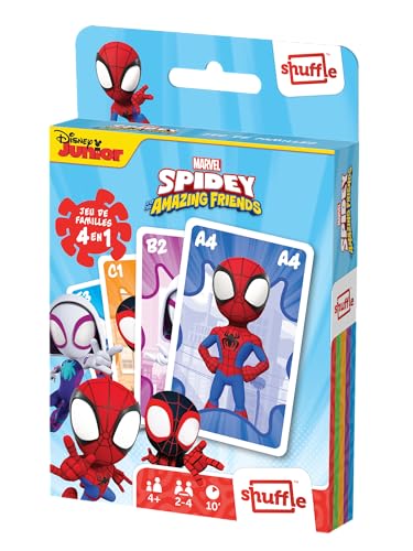 Shuffle Spidey und Seine außergewöhnlichen Freunde – 4 Spiele in 1-7 Familien, Paaren, Action und Schlachten – Kartenspiel für Kinder & Familie – ab 4 Jahren von Shuffle