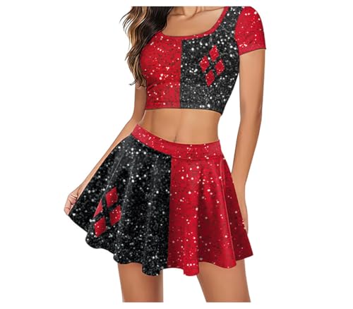 Damen Halloween Clown Cosplay Set Cheerleader Faltenrock Rot Schwarz Glitzer Druck Kurzarm Top Minikleid Anzug L von Shukqueen