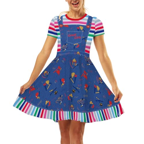 Damen-Kostüm, Halloween, Karneval, Geist-Chucky, Cosplay, Rundhalsausschnitt, kurzärmelig, Clown-Midirock, Streifen, Größe XXL Damen-Kostüm, Halloween, Karneval, Geist-Chucky, Cosplay, Rundhalsausschnitt, kurzärmelig, Clown-Midirock, Streifen, Größe XXL von Shukqueen