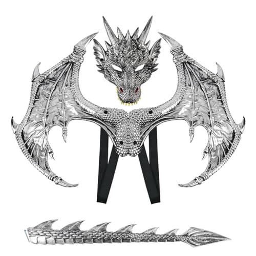 Halloween RP Ultraleichtes Drachen-Set, Kinder-Party-Dekoration, Drachenmaske, Flügel, Schwanz, Cosplay, Verkleidung, Requisiten, Silber, M von Shukqueen