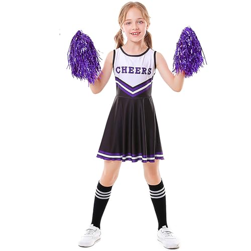 Shukqueen Cheerleading-Kostüm für Damen, ärmellos, Cheerleader-Kleid mit Socken, Schwarz, Größe 150 von Shukqueen