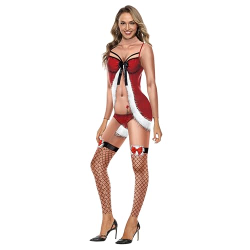 Shukqueen Damen-Weihnachtskostüm, roter Weihnachtsmann, Schleife, Overall, Performance-Body, Größe L von Shukqueen