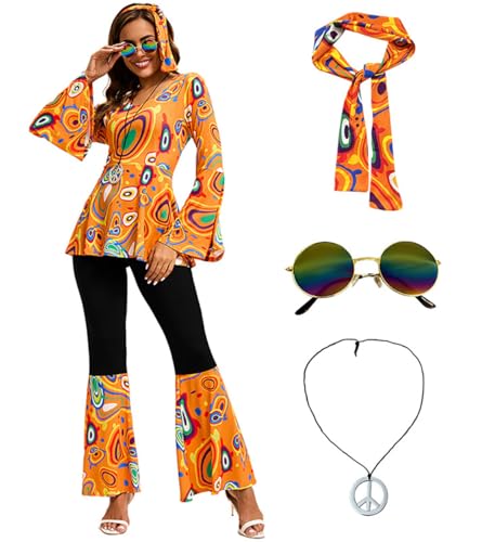 Shukqueen Frauen Multicolor Druck Disco Tanzbekleidung Anzug Stirnband Top Hosen Halloween Kostüm Orange M von Shukqueen