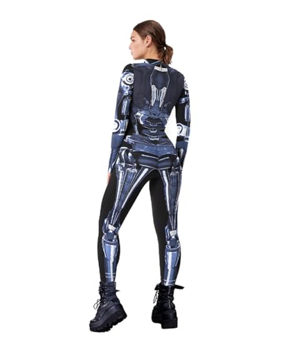 Shukqueen Halloween-Kostüm für Damen, mechanischer Rüstungsdruck, Overall, Sci-Fi, Zukunftskrieger, Weltraumroboter, Party, Performance-Body, Grau-Weiß, Größe XL von Shukqueen