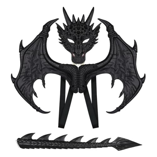 Shukqueen Halloween RP Ultraleichtes Drachen-Set, Kinder-Party-Dekoration, Drachenmaske, Flügel, Schwanz, Cosplay, Verkleidung, Requisiten, Schwarz, M von Shukqueen