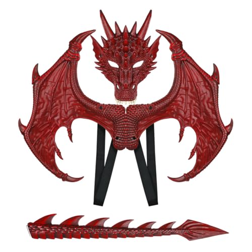 Shukqueen Halloween RP Ultraleichtes Drachen-Set, Kinder-Party-Dekoration, Drachenmaske, Flügel, Schwanz, Cosplay, Verkleidungsrequisiten, Rot, M von Shukqueen