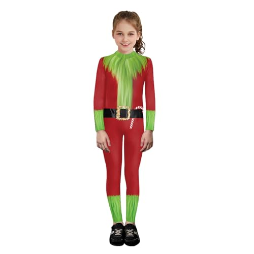 Shukqueen Unisex-Weihnachtskostüm, grüner Monster-Süßigkeiten-Druck, Overall, roter Performance-Body für Kinder, 140 cm-XL von Shukqueen