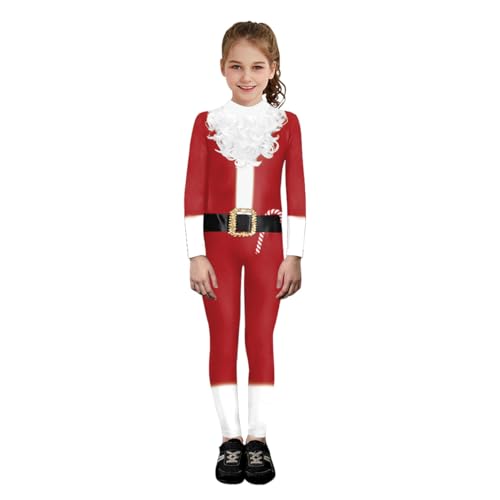 Shukqueen Unisex-Weihnachtskostüm, weißer Weihnachtsmann-Schnurrbart-Druck, Overall, roter Performance-Body für Kinder, 120 cm, M von Shukqueen