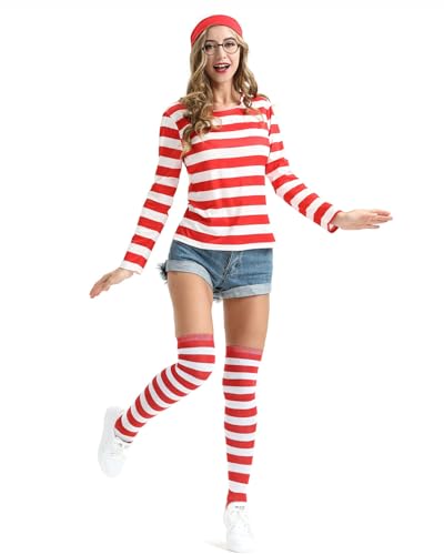 Shukqueen Waldo-Kostüm-Set für Damen, mit rot-weiß gestreiftem T-Shirt, Mütze, Brille und Socken für Erwachsene, Weltbuchtag, Größe XXL von Shukqueen