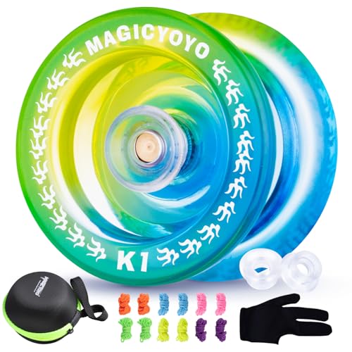 JoJo K1 Ansprechendes JoJo, Yoyo Profi Kunststoff JoJo für Kinder Anfänger, Finger Spin Yoyo Trick, Pro Yoyo Ball mit 12 Yoyo Saiten + Yo Yo Handschuh + Yo-Yo Tasche + 2 Yoyo Hubstacks (Blau Gelb) von ShungRu