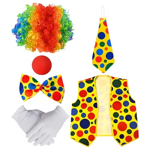 Shurzzesj Clown-Kostüme für Damen, Clown-Kostüm für Erwachsene,6-teiliges Rollenspiel-Clown-Kostüm-Set - Männer-Rollenspiel-Clown-Kostüme, bunte Perücke, rote Nase, Fliege, weiße Handschuhe, Weste im von Shurzzesj