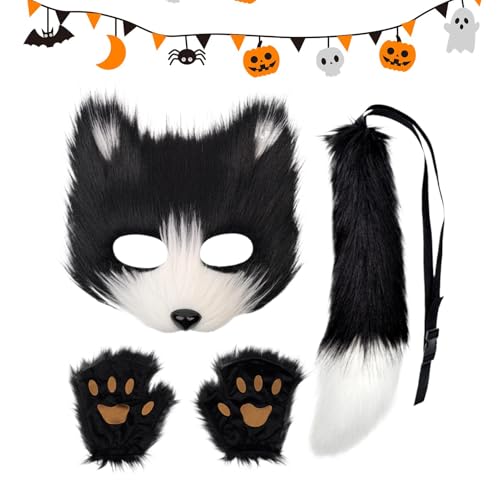 Shurzzesj Fox Face Cover Tail Set Faux Feder Plüsch Wolf Pelzkleidung Lustige Cosplay Zubehör Urlaub Tier Outfit Set für Halloween Kostüm Party Cosplay von Shurzzesj