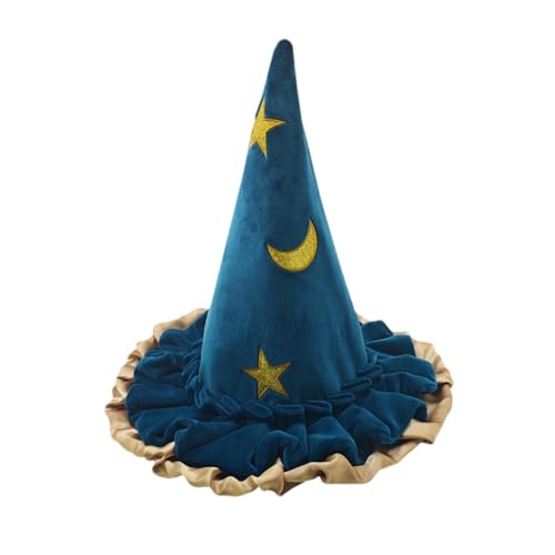 Shurzzesj Halloween Hexenhut,Hexenhut für Frauen | Damen Hexenhut mit breiter Krempe | Blaue Hexenhüte für Frauen, Stern-Mond-Muster, Zauberer, Herrenkostüm, Cosplay-Hut, Mädchen-Accessoire, Spitzhut von Shurzzesj