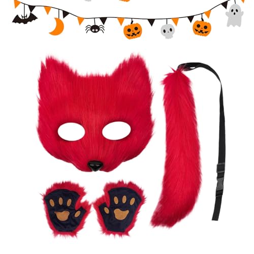 Shurzzesj Plüsch-Wolf-Gesichtsabdeckungs-Set, pelziger Fuchs, Gesichtsbedeckung, Schwanzpfoten-Handschuhe, Cosplay-Zubehör, lustiges Tierkostüm für Halloween von Shurzzesj