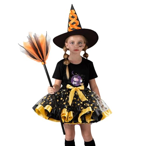 Shxupjn Cosplay-Kostüm für Kinder, Mädchen-Rock-Set für Halloween, Feiertags-Rollenspiel-Outfit-Set mit Hut und Besen, Mädchen-Cosplay-Kleidung für Schulspiele, Halloween-Partys, Bühnenauftritte, von Shxupjn