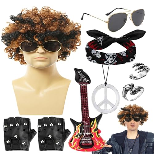 Shxupjn Rock-Kostüm,Rockstar-Kostüm - Rocker Punk Herren Outfit | 9-teiliges Halloween-Rock-Kostümset für Männer, lockige Rock-Perücke und mehr für die Hippie-Par der 70er Jahre von Shxupjn