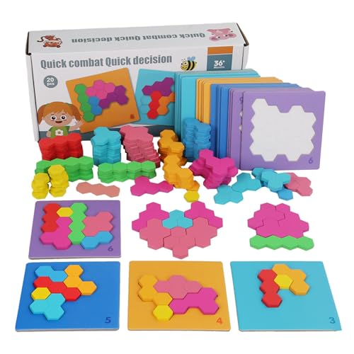 Shxupjn Tangram-Puzzlespielzeug, Sechseck-Puzzlespielzeug, Logic IQ Puzzle Holz Sechseckblock - Vorschul-Stielspielzeug für Fantasie, Formerkennung, Farberkennung, Sortierfähigkeit von Shxupjn