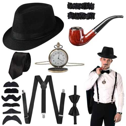 Shyllin 20er Jahre Herren Accessoires, Mafia Karneval Kostüm Herren Gatsby, Peaky Blinders Kostüm,Halloween Faschingskostüme Bier Kostüm,Gangster Hut Hosenträger Taschenuhr Fliege Rohr Krawatten Bärte von Shyllin