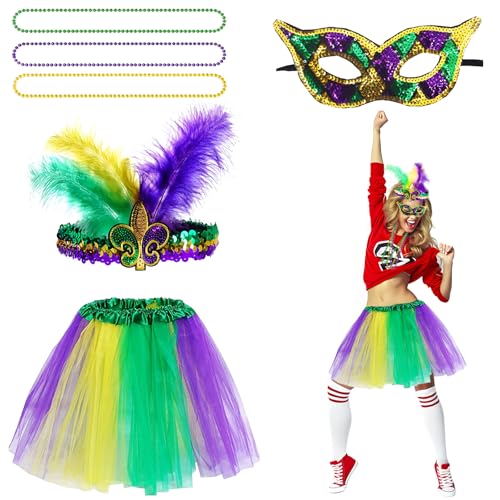 Shyllin 4 Stück Grün Karneval Kostüm, Faschingskostüme Damen Set, 80er Accessoires Grün, Tütü Damen+Feder Haarreif+Karneval Halskette+Maske, Karneval Kostüm Damen Für Maskeraden, Bühnenshows, Party von Shyllin