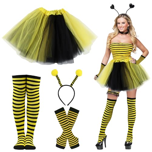 Shyllin Bienenkostüm Erwachsene, Karneval Kostüm Damen, Bienen Kostüm Damen, Fasching Kostüm Damen Biene mit Tüllrock, Bienen Haarreif, Gestreifte Überkniestrümpfe, Lange Handschuhe von Shyllin