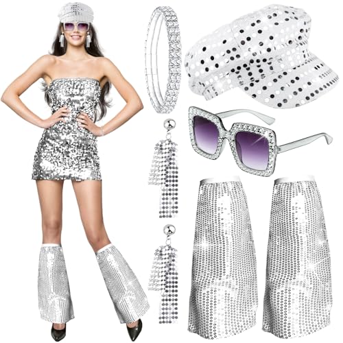 Shyllin Disco Glitzer Accessoires, Disco Glitzer Outfit Damen 70er Jahre Kostüm, Pailletten Disco Zubehör Hippie, Pailletten Sonnenbrille Hut Stulpen Ohrringe Armband-Fasching Party Karneval Silvester von Shyllin