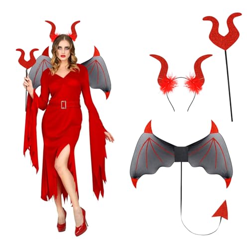 Shyllin Teufel Kostüm Damen Zubehör, Fledermausflügel Damen, Halloween Kostüm Damen, Vampir Kostüm Damen,Teufelsschwanz, Teufel Dreizack, Für Cosplay, Karneval Kostüm, Damen, Kinder(Rot) von Shyllin